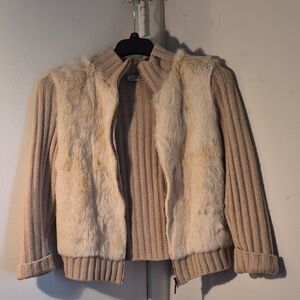 HORST BASLER Rabbit Fur and Knit Beige Sweater Jacket